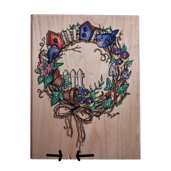 Decorative Birdhouse Wreath Wood Rubber Stamp By Stampendous Made In USA - Picture 4 of 6
